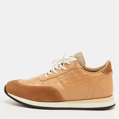 Pre-owned Giuseppe Zanotti Jimi Size 42 Beige Croc Embossed Leather And Suede Low Top Sneakers In Sand