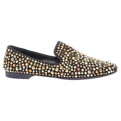 Pre-owned Giuseppe Zanotti Kevin Black Suede Gold Silver Swarovski Crystal Loafers Eu43