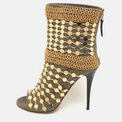 Giuseppe Zanotti Khaki Canvas Chain Embellished Mid Calf Boots In Gold