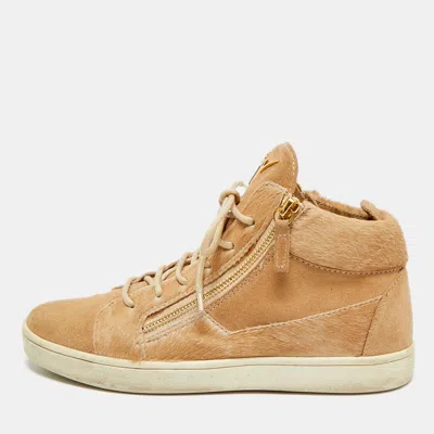 Pre-owned Giuseppe Zanotti Kriss Size 38 Brown Calf Hair And Suede High Top Sneakers