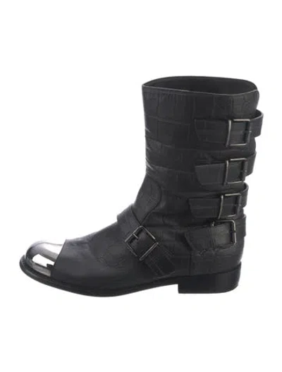 Pre-owned Giuseppe Zanotti Leather Animal Print Moto Boots In Black
