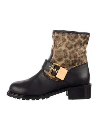 Pre-owned Giuseppe Zanotti Leather Animal Print Moto Boots In Neutrals
