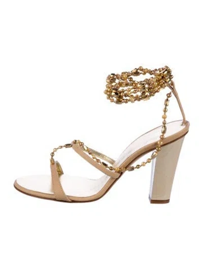 Pre-owned Giuseppe Zanotti Leather Beaded Accents Slingback Sandals In Gold