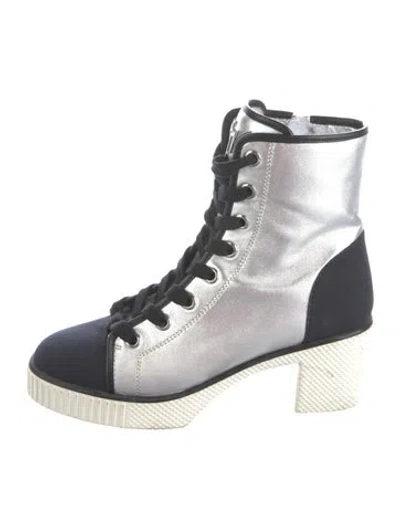 Pre-owned Giuseppe Zanotti Leather Colorblock Pattern Combat Boots In Silver