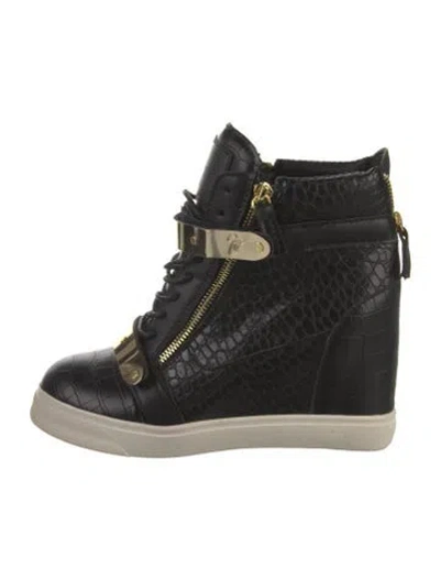 Pre-owned Giuseppe Zanotti Leather Colorblock Pattern Wedge Sneakers In Black