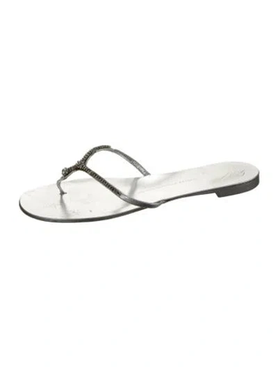 Pre-owned Giuseppe Zanotti Leather Crystal Embellishments Slides In Gray