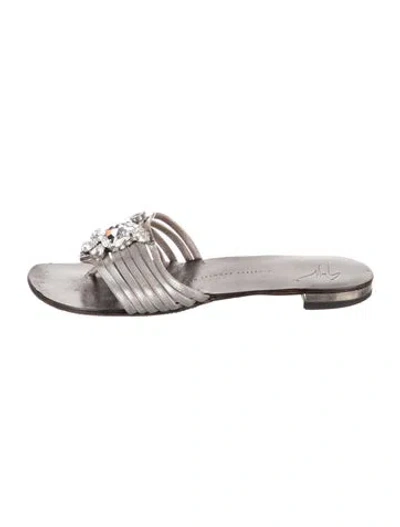 Pre-owned Giuseppe Zanotti Leather Crystal Embellishments Slides In Grey