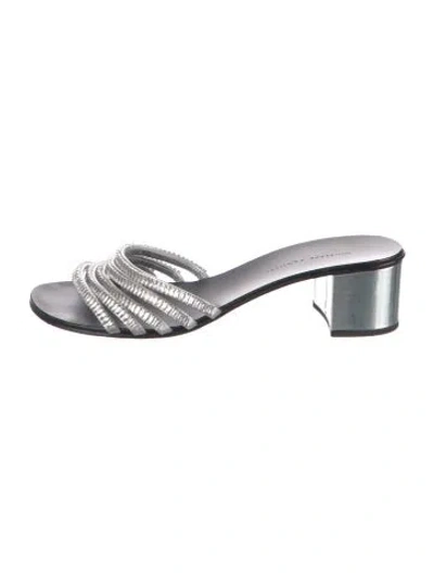 Pre-owned Giuseppe Zanotti Leather Crystal Embellishments Slides In Silver