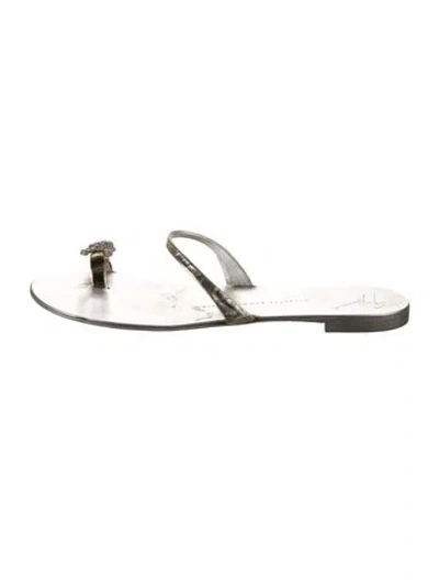 Pre-owned Giuseppe Zanotti Leather Crystal Embellishments Slides In Silver