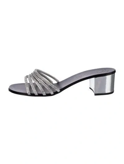 Pre-owned Giuseppe Zanotti Leather Crystal Embellishments Slides In Silver