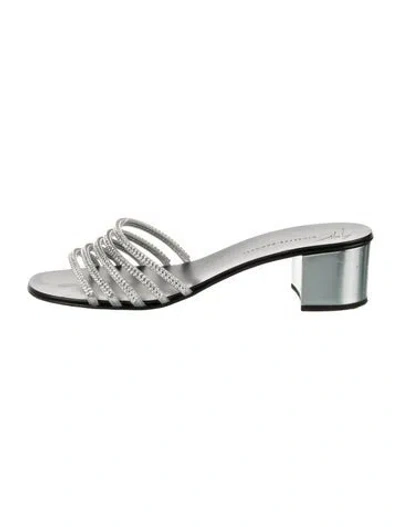 Pre-owned Giuseppe Zanotti Leather Crystal Embellishments Slides In Silver
