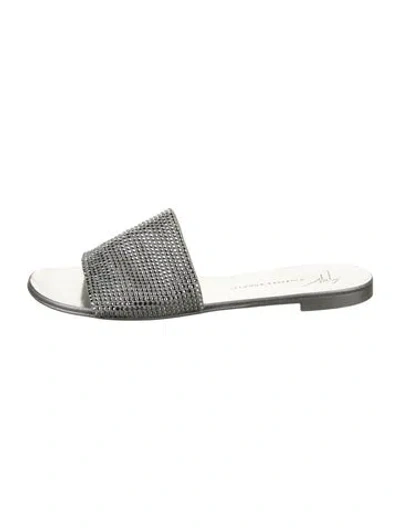 Pre-owned Giuseppe Zanotti Leather Crystal Embellishments Slides In Silver