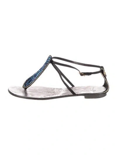 Pre-owned Giuseppe Zanotti Leather Crystal Embellishments T-strap Sandals In Gray