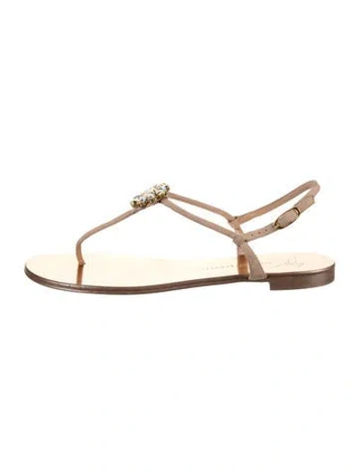Pre-owned Giuseppe Zanotti Leather Crystal Embellishments T-strap Sandals In Neutral
