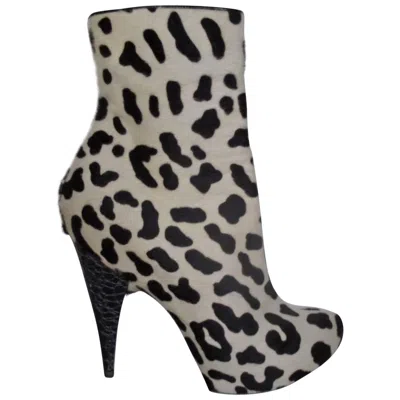 Pre-owned Giuseppe Zanotti Leopard Pony Skin Leather Fur Ankle Boots In Gray