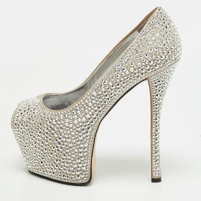 Pre-owned Giuseppe Zanotti Liza Size 35 Grey Suede Crystal Embellished Peep Toe Platform Pumps
