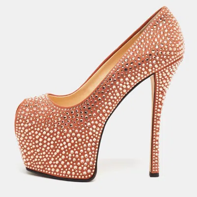 Pre-owned Giuseppe Zanotti Liza Size 36 Orange Suede Crystal Embellished Platform Peep Toe Pumps