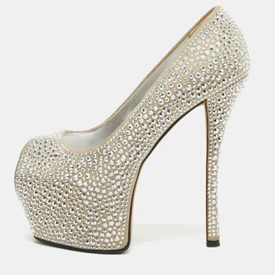 Pre-owned Giuseppe Zanotti Liza Size 37 Beige Suede Crystal Embellished Peep Toe Platform Pumps In Sand