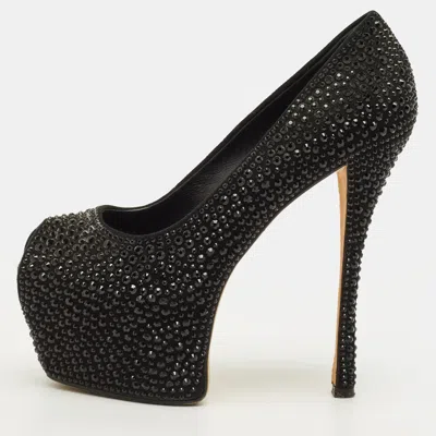 Pre-owned Giuseppe Zanotti Liza Size 38 Black Suede Crystal Embellished Peep Toe Pumps