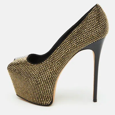 Pre-owned Giuseppe Zanotti Liza Size 38 Black Suede Crystal Embellished Platform Pumps