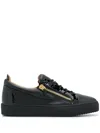 Giuseppe Zanotti Black Leather Sneakers With Patent Accents In Nero