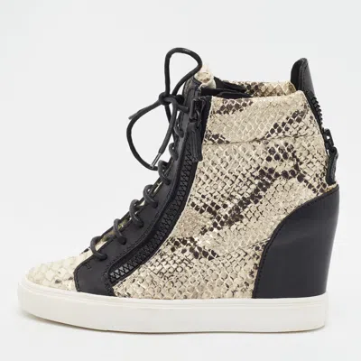 Pre-owned Giuseppe Zanotti Loren Size 39 Black/grey Snakeskin Embossed Leather Wedge Sneakers