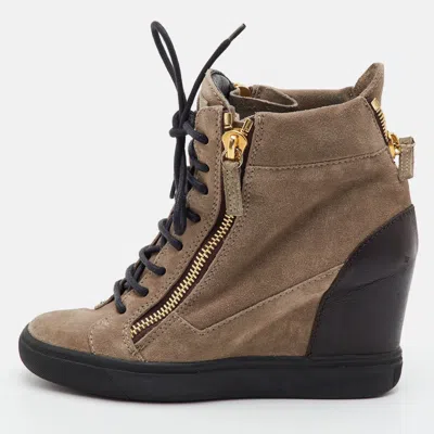 Pre-owned Giuseppe Zanotti Lorenz Size 37 Beige/brown Leather And Suede Wedge Sneakers