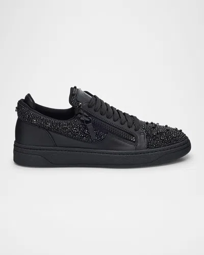 Giuseppe Zanotti Men's Alicante Leather And Crystal Low-top Sneakers In Nero