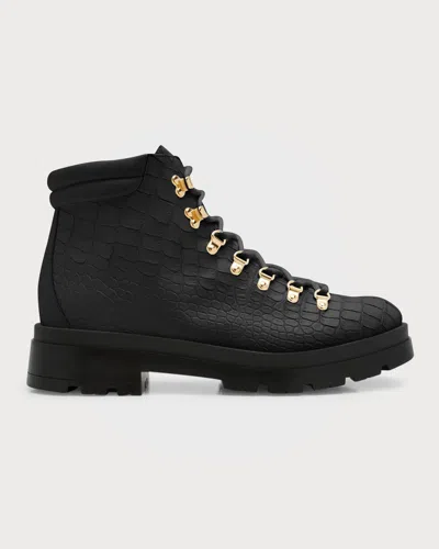 Giuseppe Zanotti Men's Croc-effect Leather Lace-up Boots In Nero