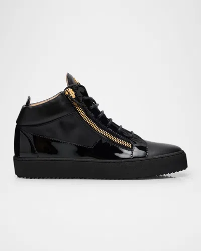 Giuseppe Zanotti Men's Mixed-leather Mid-top Sneakers In Black