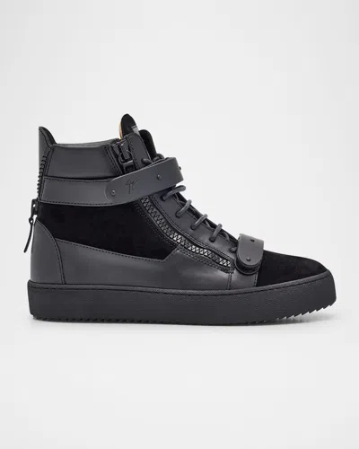 Giuseppe Zanotti Men's Ru50040 Leather And Suede Zip High-top Sneakers In Black