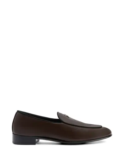 Giuseppe Zanotti Metal Logo Leather Loafers In Brown