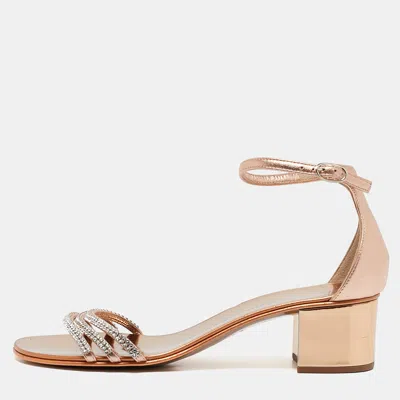 Pre-owned Giuseppe Zanotti Metallic Gold Leather Crystal Embellished Ankle Strap Flat Sandals Size 36