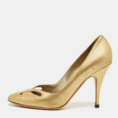 Pre-owned Giuseppe Zanotti Metallic Gold Lizard Embossed Leather Cut Out Pumps Size 37.5