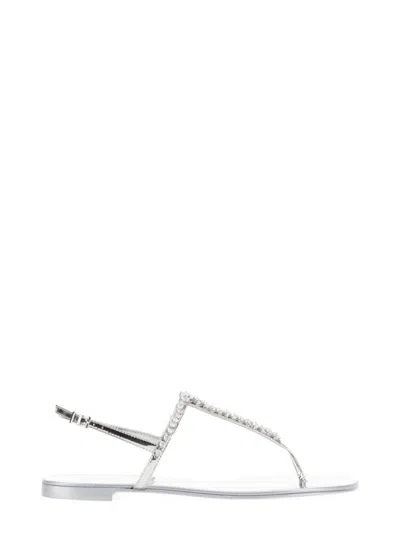 Giuseppe Zanotti Metallic Embellished Flat Sole Sandal In White