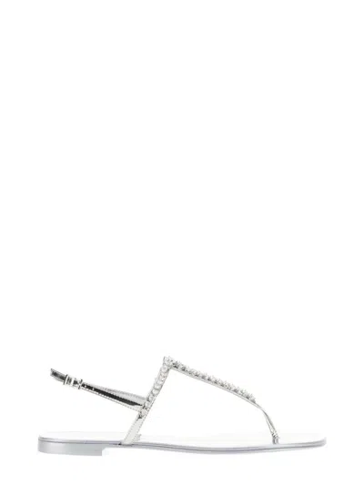 Giuseppe Zanotti Metallic Embellished Flat Sole Sandal In White