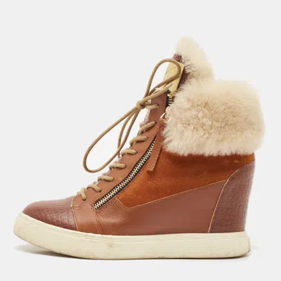 Pre-owned Giuseppe Zanotti Multicolor Fur And Leather Wedge Sneakers Size 38