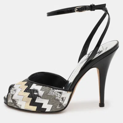 Pre-owned Giuseppe Zanotti Multicolor Zigzag Patent And Leather Mixed Media Ankle Strap Sandals Size 37