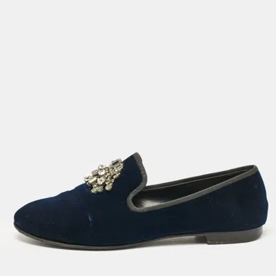 Giuseppe Zanotti Navy Blue Velvet Crystal Embellished Smoking Slippers