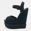 Giuseppe Zanotti Navy Blue/black Canvas And Leather Ankle Strap Wedge Sandals In Blue