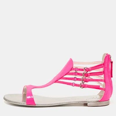 Pre-owned Giuseppe Zanotti Neon Pink Patent Leather Roll Flat Sandals Size 37