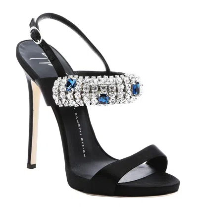 Pre-owned Giuseppe Zanotti New  Black Satin Crystal Embellished Slingback Sandals 38 - 8