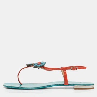 Pre-owned Giuseppe Zanotti Orange Leather Crystal Embellished Slingback Sandals Size 39