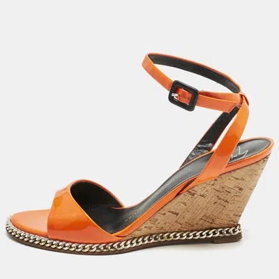 Pre-owned Giuseppe Zanotti Orange Patent Leather Ankle-strap Chain Wedge Sandals Size 37