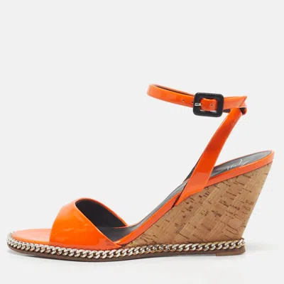 Giuseppe Zanotti Orange Patent Leather Chain Cork Wedge Ankle Strap Sandals