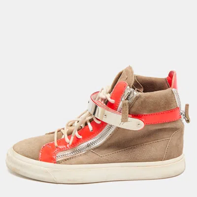 Giuseppe Zanotti Orange/beige Suede And Patent Leather Coby High Top Sneakers In Brown