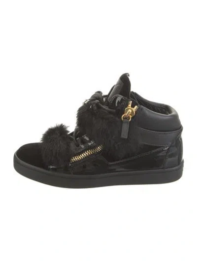 Pre-owned Giuseppe Zanotti Patent Leather Fur Trim Sneakers In Black