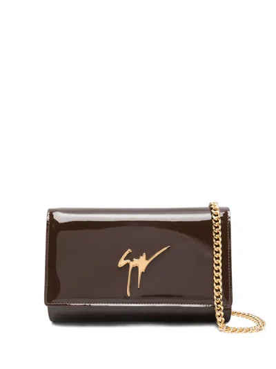 Giuseppe Zanotti Patent-leather Logo Clutch Bag In Brown