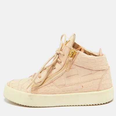 Pre-owned Giuseppe Zanotti Peach Croc Embossed Leather London High Top Sneakers Size 36 In Pink