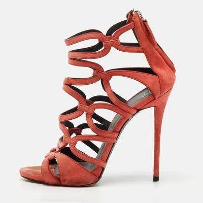 Pre-owned Giuseppe Zanotti Peach Orange Suede Cut Our Caged Ankle Strap Sandals Size 38